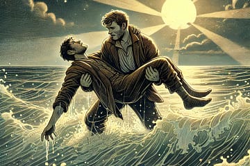 A dramatic scene of a man carrying an unconscious companion through phosphorescent ocean waves, with the rising sun casting radiant beams in the background.