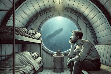 Two men sleep on bunks in a small submarine cabin while a third sits awake, gazing out a large circular window at a shadowy underwater shape illuminated by moonlight.