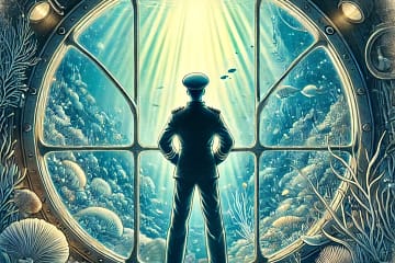 A silhouette of Captain Nemo stands before the massive observation window of the Nautilus, gazing at the vibrant underwater world illuminated by beams of sunlight.
