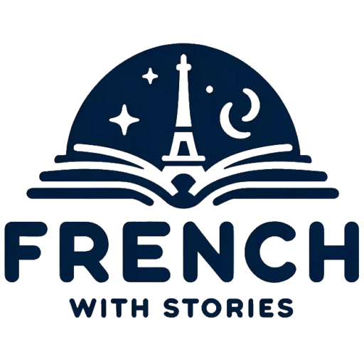 Logo for 'French with Stories,' featuring an open book with the Eiffel Tower and a crescent moon above.